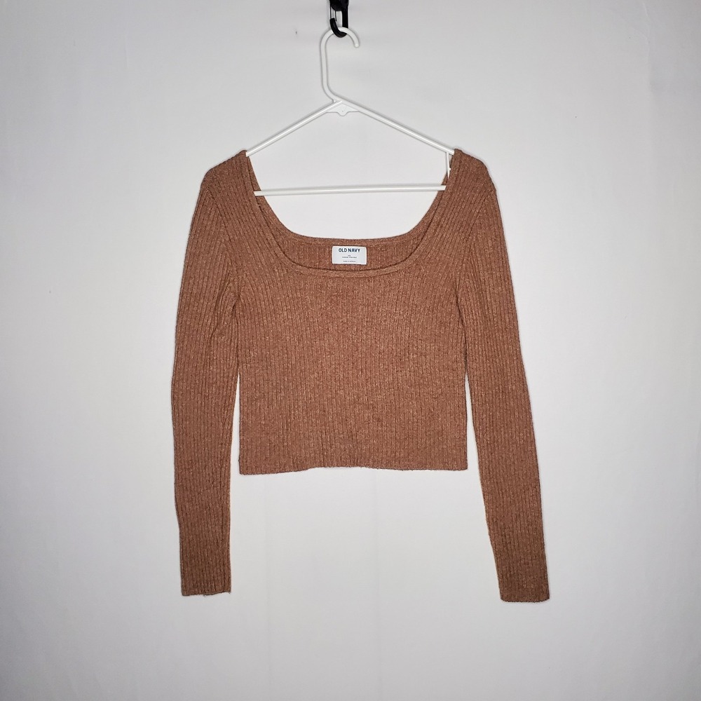 Old Navy Square Neck Ribbed Knit Crop Sweater Women XS Brown Long Sleeve